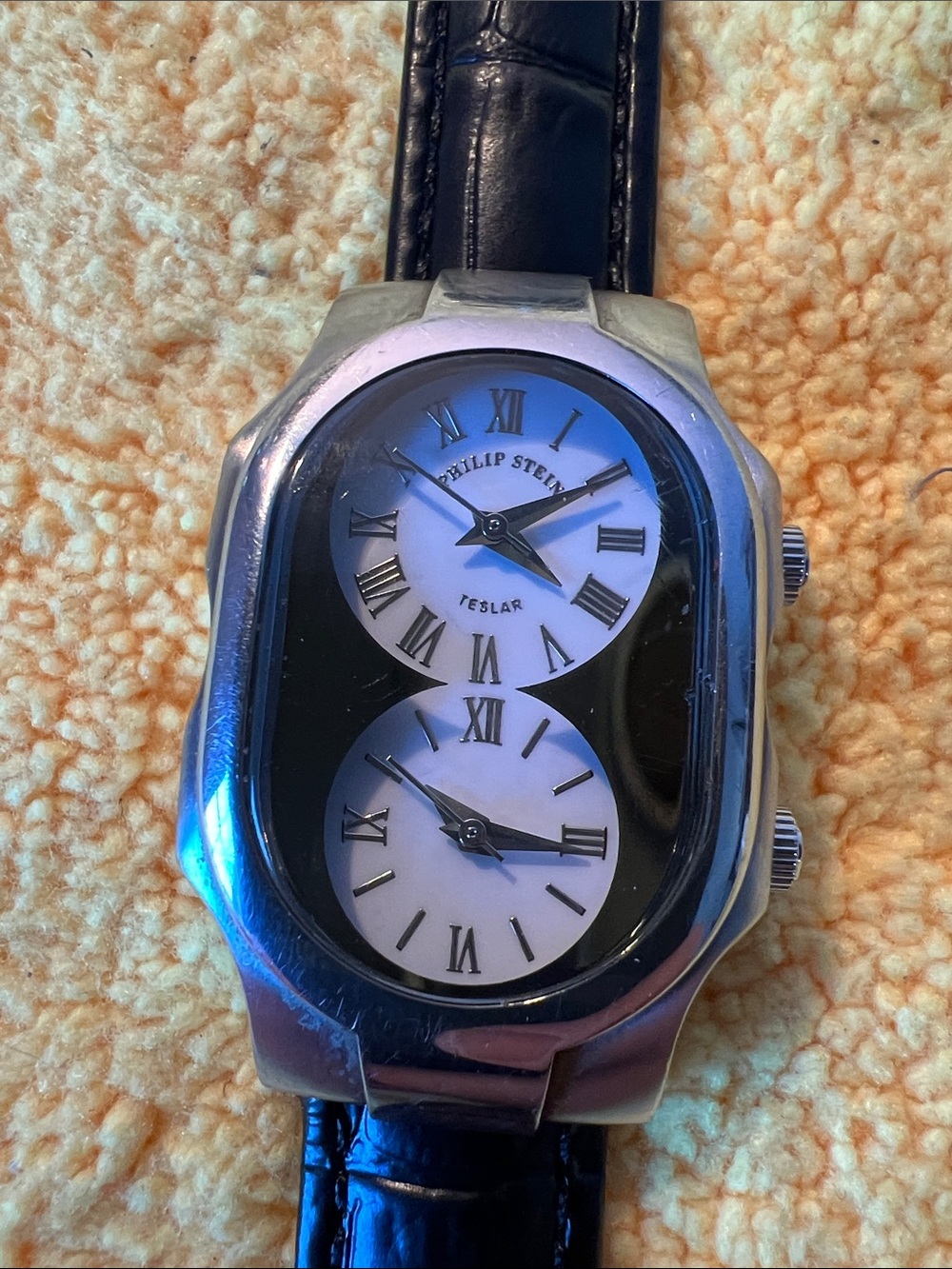 Philip Stein Dual-Time Silver Case Watch with Black Dial and Black Strap